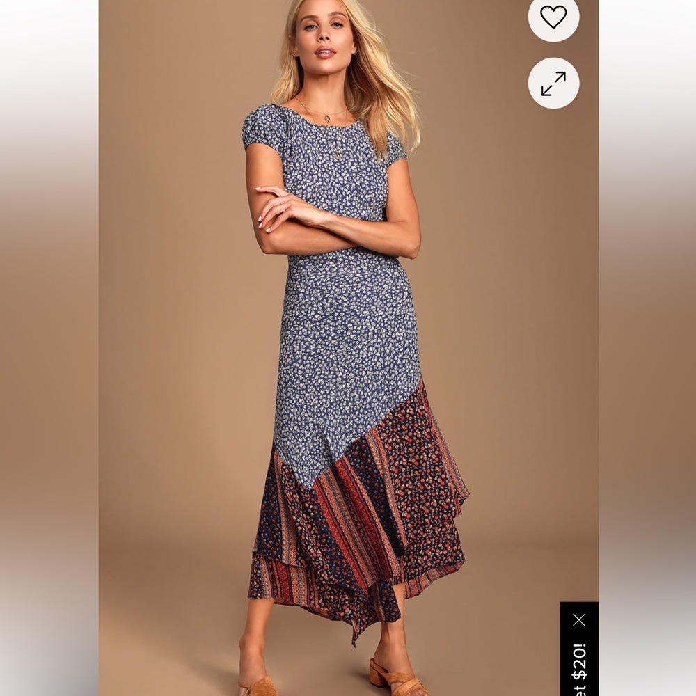 Free People Blue and Rust Mixed-Print Midi Dress